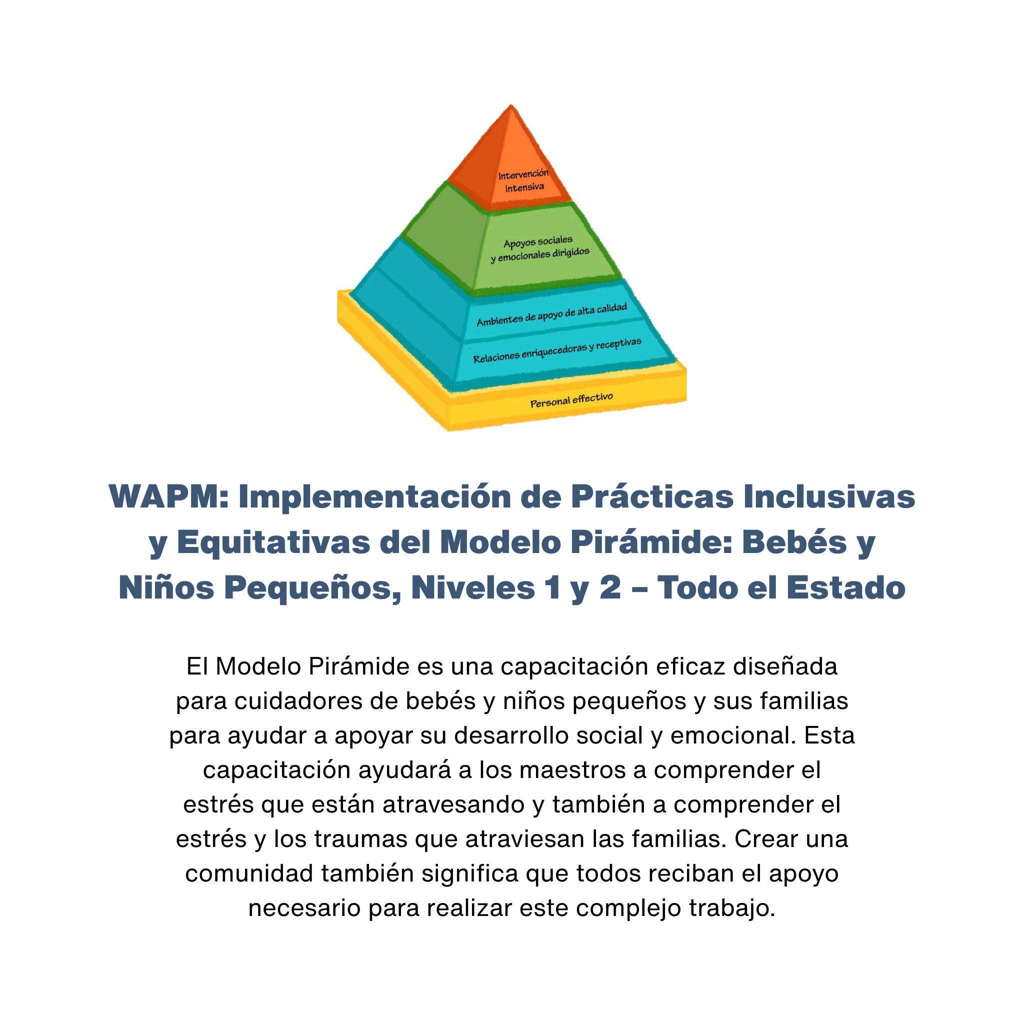 WAPM: Implementación de Prácticas Inclusivas y Equitativas del Modelo Pirámide: Bebés y Niños Pequeños, Niveles 1 y 2 – Todo el Estado - RU# 1772